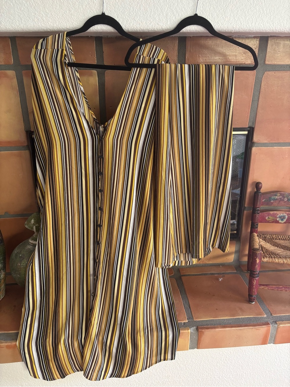 Jennafer Grace Yellow and brown Striped Caftan and wide leg pant set: Bohemian - Picture 4 of 9